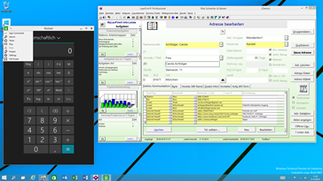 Windows 10 Anwaltssoftware Labortests - Modern UI App auf dem Desktop (Rechner) und LawFirm Professional (farbiger Hintergrund: 3D Farbverlauf) - Adressen bearbeiten (mit VoIP und Social Networking Integration in den Kontaktdaten: Skype, Facebook, XING, Twitter, Google+, etc...) mit MyLawFirm Infoleiste (Workflow, Teamwork, Aufgabenverwaltung)