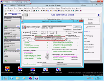 Windows Server 2012 Anwaltssoftware Labortests - LawFirm Enterprise - im Remotedesktop-Fenster mit LawFirm Check (mobil, Fernzugriff, standortunabhngig, Remote, iPhone, iPad, Smartphone, Android, Tablet, Netbook, etc)