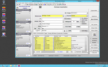 Windows Server 2012 Kanzleisoftware Labortests - LawFirm Professional - Fenster "Adresse bearbeiten" (mit LawFirm Zoom intelligent skaliert, nun ca. 1320 x 900: fr Kommunikationsverbindungen, XING / Facebook / Skype, grere Schrift fr die Adressdaten)